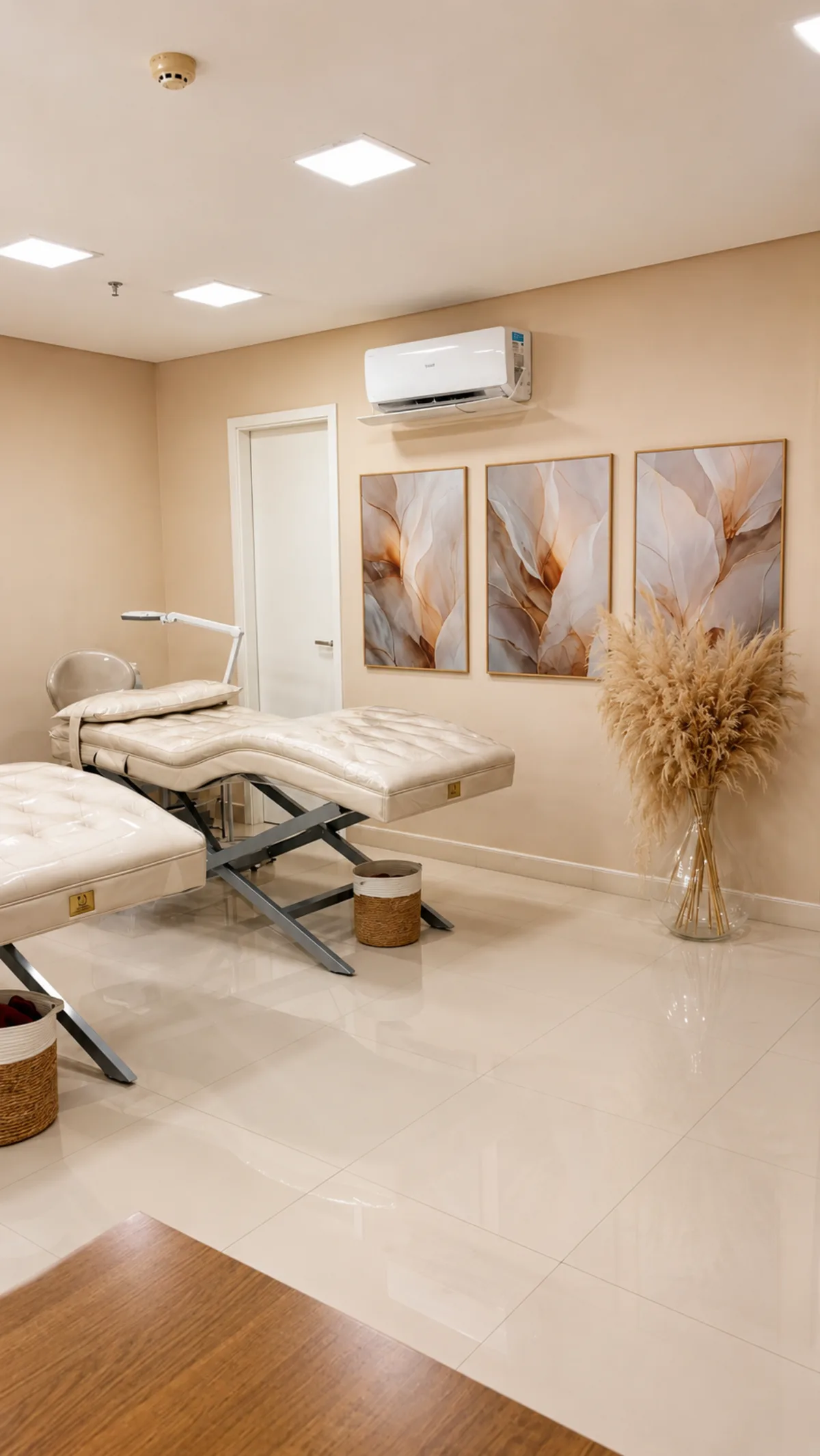 Sala individual de procedimento com maca e iluminação suave